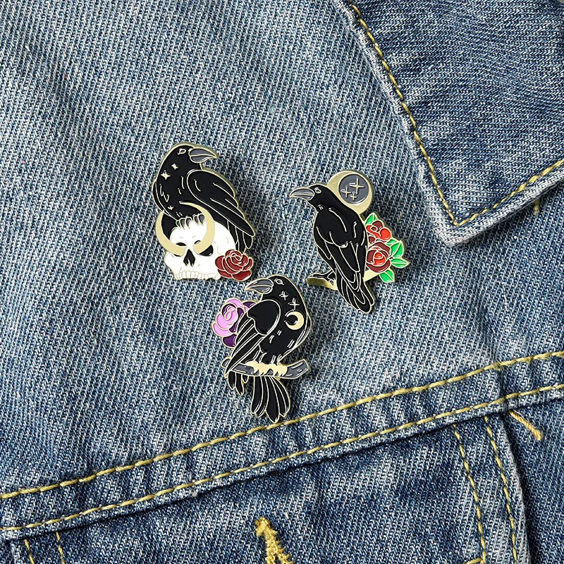 3Pcs Gothic Black Crow Raven Enamel Pins Skull Rose Brooch Vintage Punk Style Lapel Badge for Backpack Jeans Decor