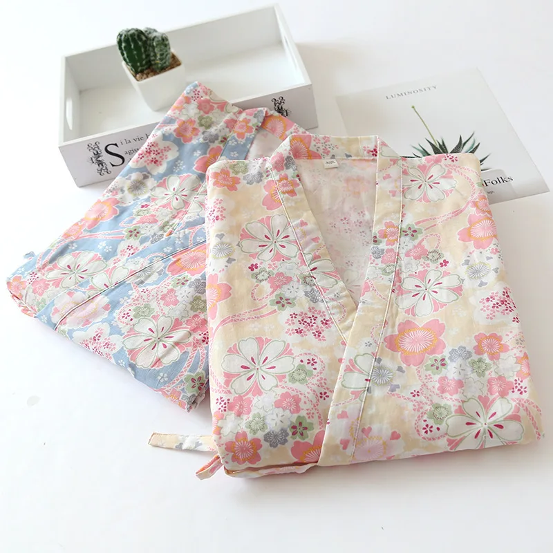 

Новый женский хлопковый пижамный комплект в японском стиле кимоно, тонкий, с рукавами три четверти, брюки, удобная домашняя одежда, мягкая, дышащая ткань