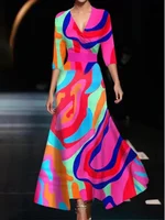 Vestido de mujer con estampado geométrico de manga larga y cintura alta con cuello en V, vestidos elegantes de calle a la moda para uso diario
