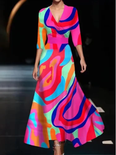 Imagen 1 del producto Vestido de mujer con estampado geométrico de manga larga y cintura alta con cuello en V, vestidos elegantes de calle a la moda para uso diario