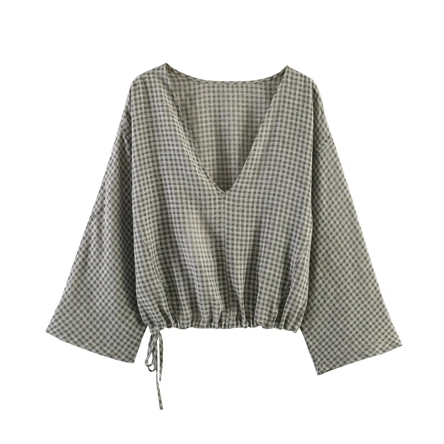 

WOMAN 2026 Summer New Fashion Plaid Laminated Shirt Vintage V Neck Long Sleeve Casual Female Shirts Blusas Chic Tops