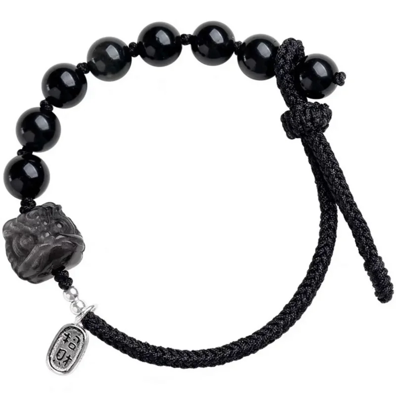 Pulsera de obsidiana de plata Natural, cuerda tejida del despertar del león, cuerda de mano de gato, nicho de lujo ligero, cadena de mano delicada para amantes