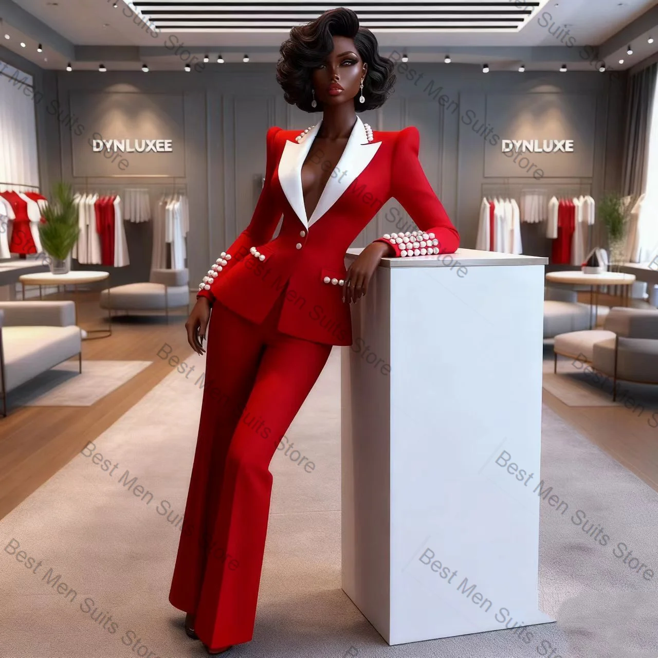 

Pearls Red White Women Suit Set 2 Pcs Cotton Blazer+Pants Trouser Autumn Formal Office Jacket Customized Wedding Guest Prom Coat