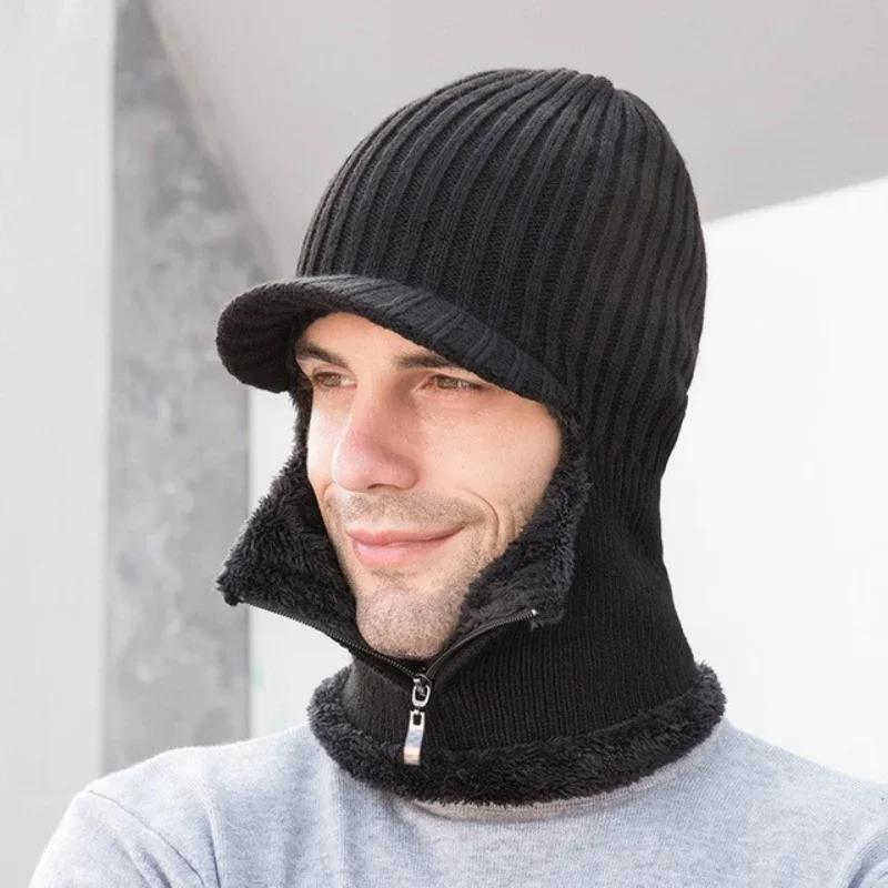 

Men's Winter Knitted Hats with Zipper Earflap Beanie Caps with Fleece Lining Warm and Windproof Hats for Cold Weather Snow Ski