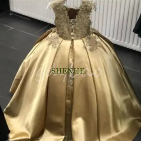 CuteFlower Girl Dresses Long Beaded Lace Appliques First Communion Dress O-neck Corset Back Satin Ball Gowns Custom Made Vestido