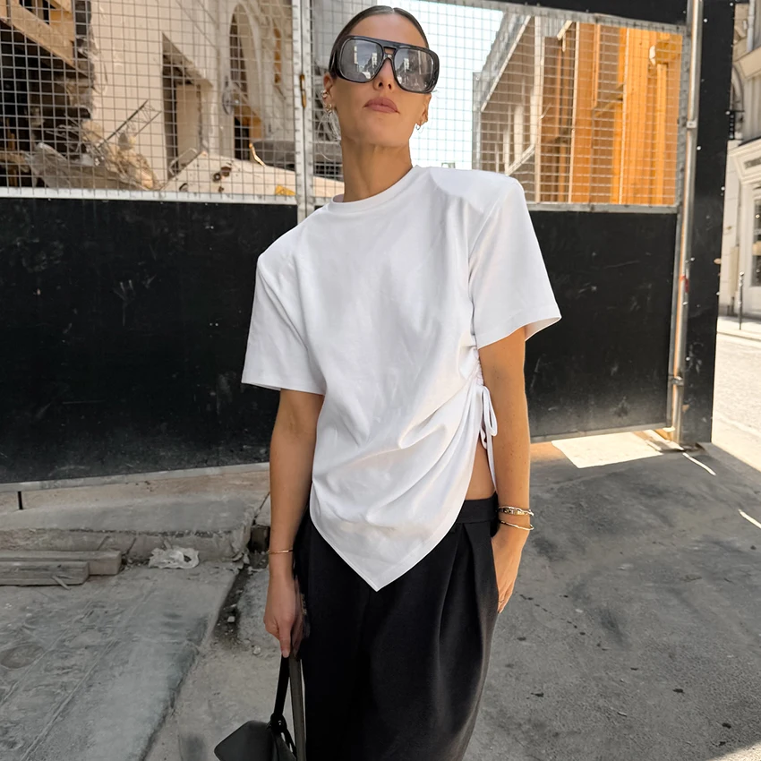 Linad Street Chic White O Neck Drawstring Tees 2026 Summer Casual Knit Short Sleeve T Shirts Fashion Loose Irregular Tops Women