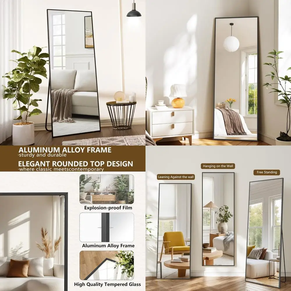 Espejo con marco de aluminio de longitud completa, 64x21 con soporte, independiente o montado en la pared, espejo de cuerpo completo para uso doméstico