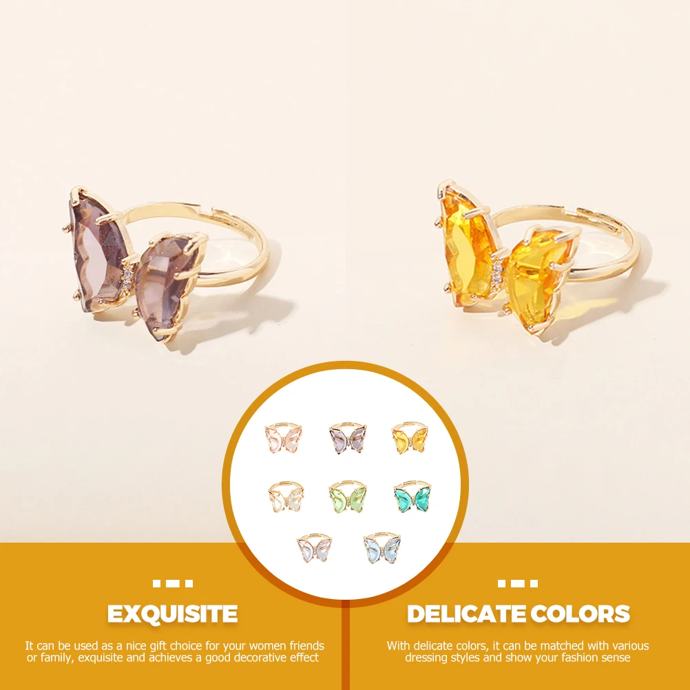 

8pcs Butterfly Rings Purple Transparent Acrylic Alloy Adjustable Women Fashion Jewelry Gift Decor Colorful Ring