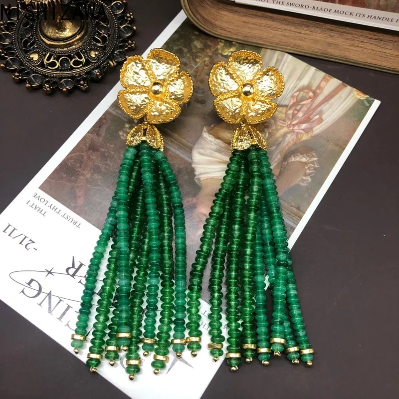 

NISHIZAWA Green Beads Earrings for Women Long Tassels Palace Style Flower Retro Jewelry Fashion Luxury Elegant Aretes De Mujer