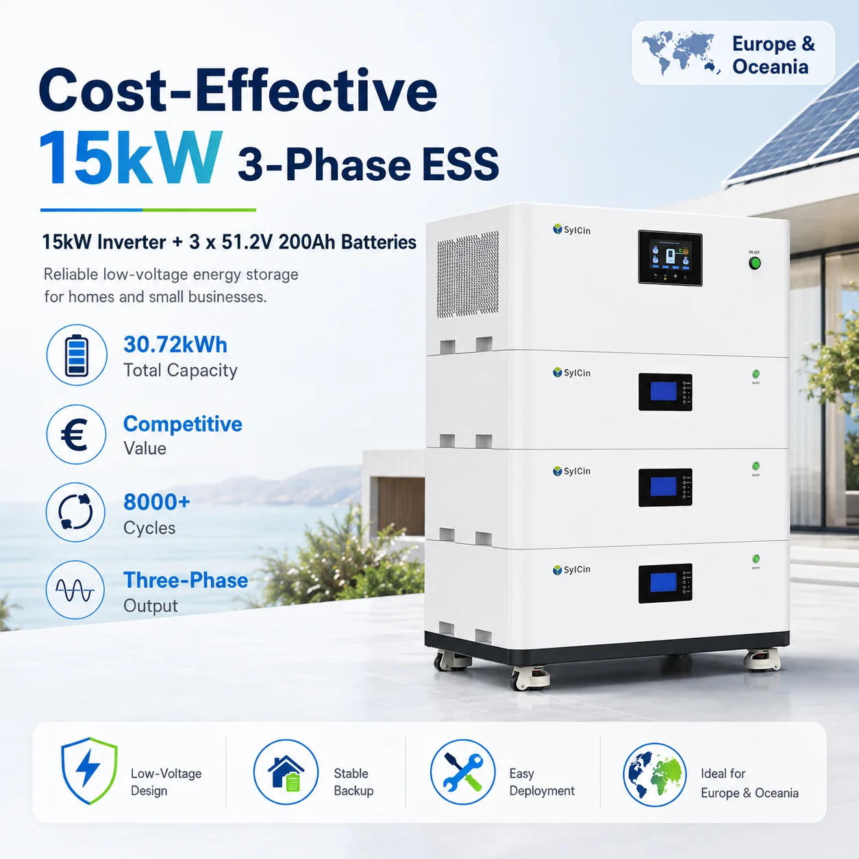 ESS for Home Commercial Solar Storage Three Phase Stackable LiFePO4 Battery 48V 51.2V 10kWh 20kWh Modular