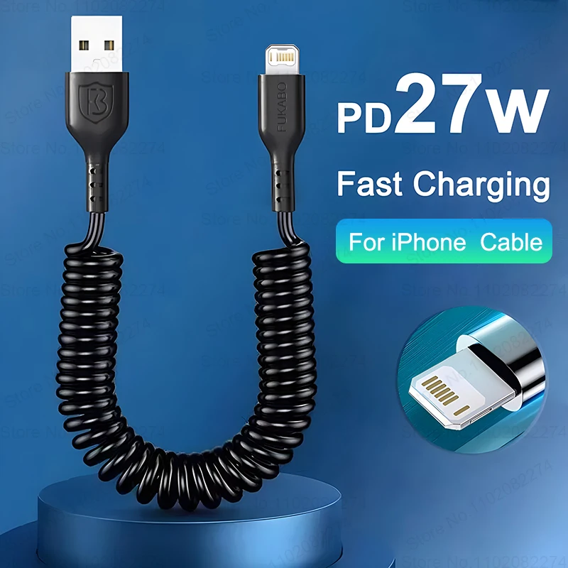 PD 27W Fast USB C Car Charger Cable For iPhone 15 14 13 12 11 Pro Max Plus X XR XS Spring Telescopic Charging Cable Accessories