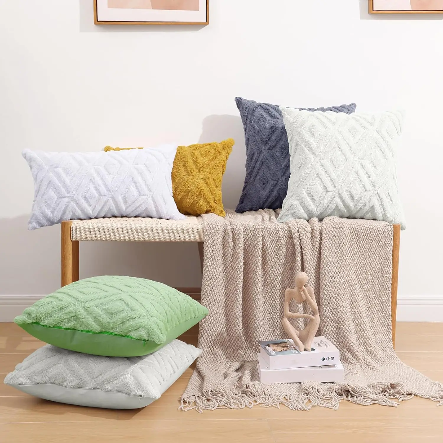 Spring Soft Throw Pillow Covers 18X18 Set Of 2 - Plush Wool Decorative Couch Pillow Covers For Sofa Bed Living Room - With 3D