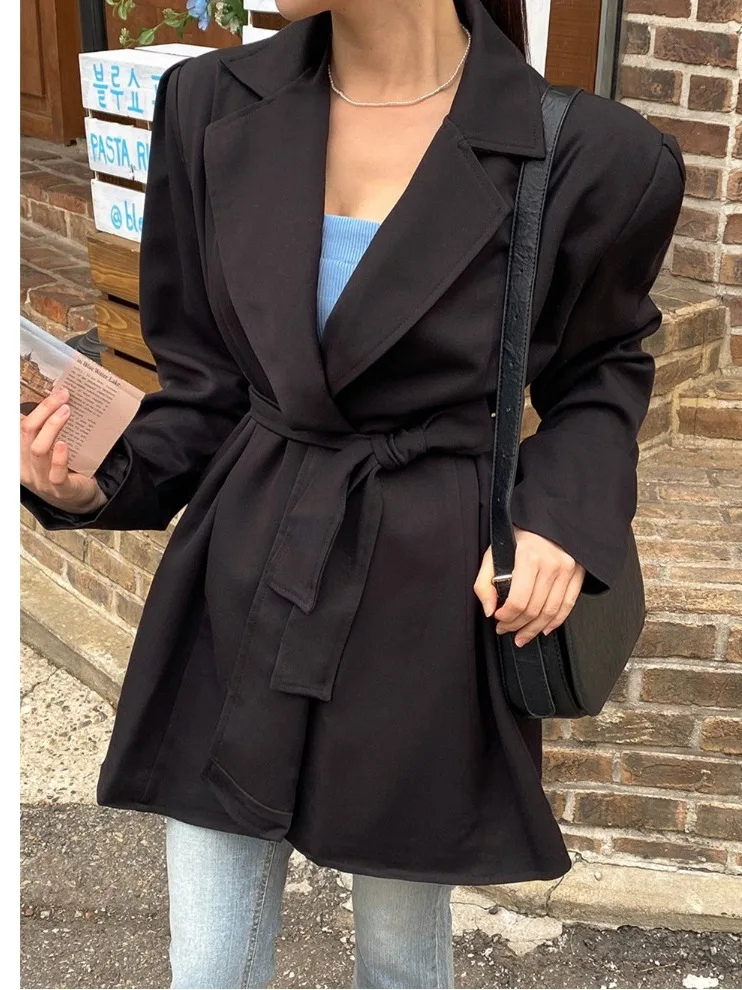 

Ele Bla Women's Suit Jaet Faionable Belted Waist Loose Korean Sle Commute Appropriate Mid-Length Coat