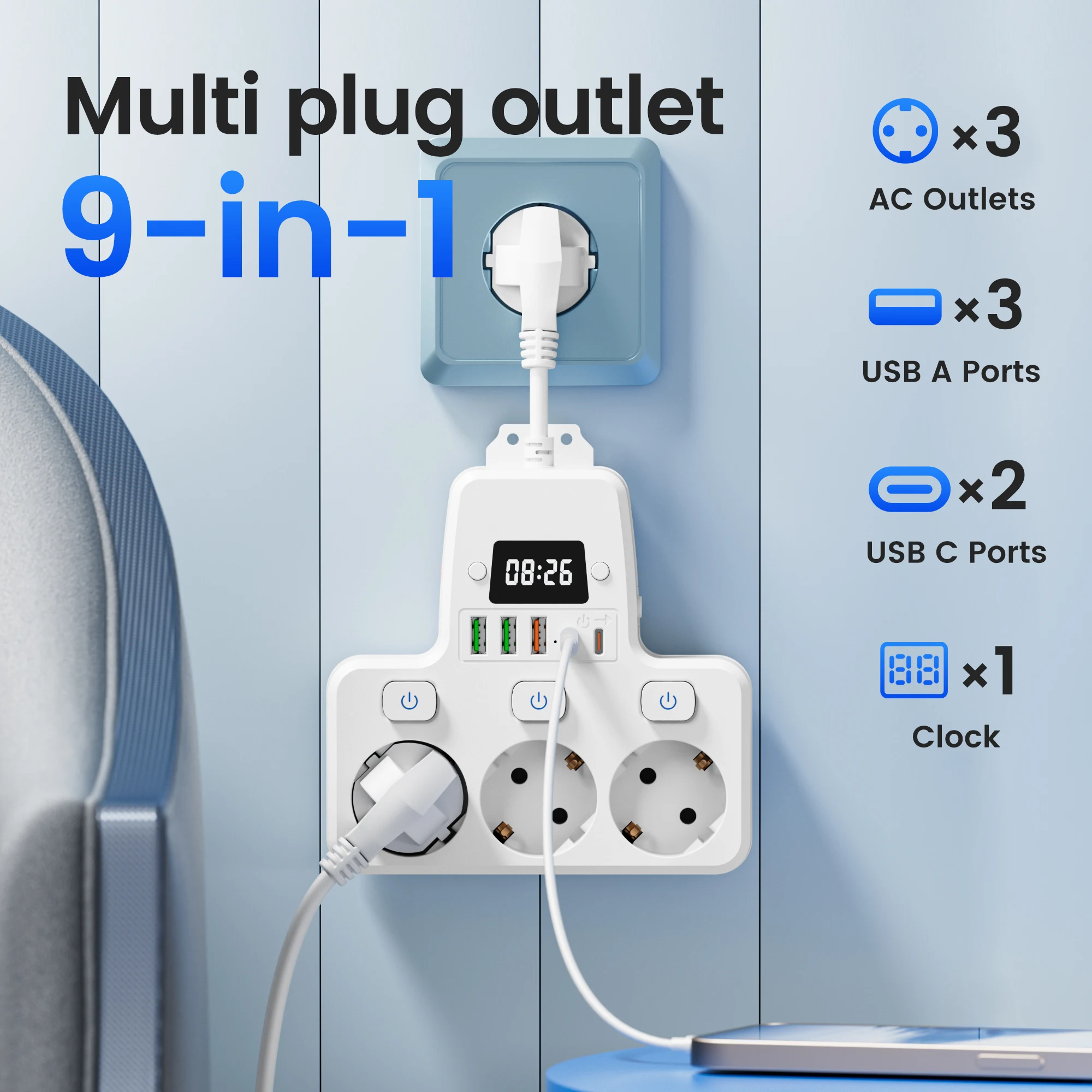 Toma de corriente con interruptor independiente 9 en 1, enchufe estándar de la UE, toma de pared 3 USB 2 tipo C con reloj