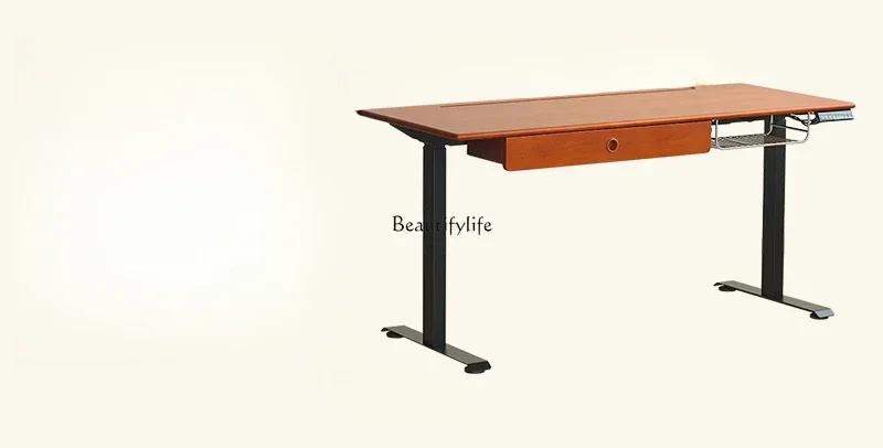 02Solid wood electric lifting table retro dual motor learning office game table