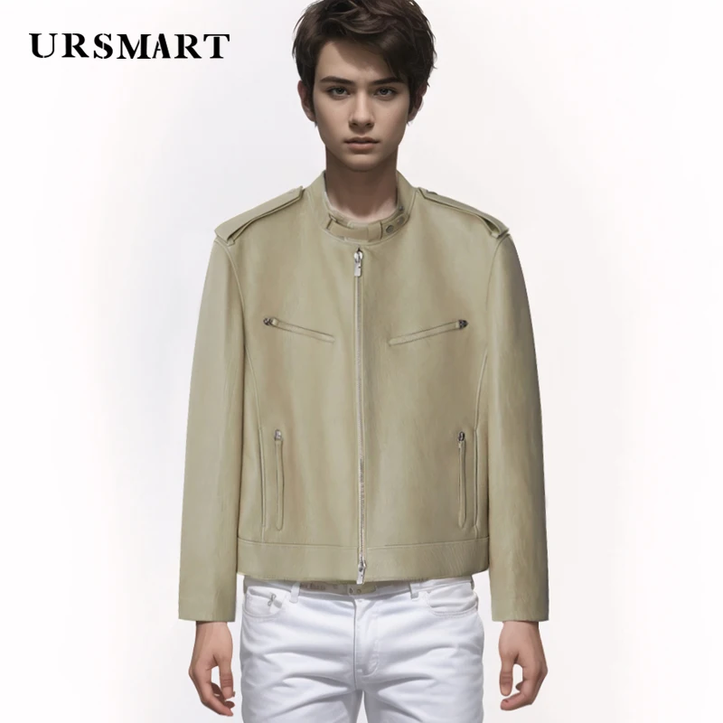 

Simple standing collar genuine leather men's jacket off white shoulder badge British fashion autumn sheepskin short Coats