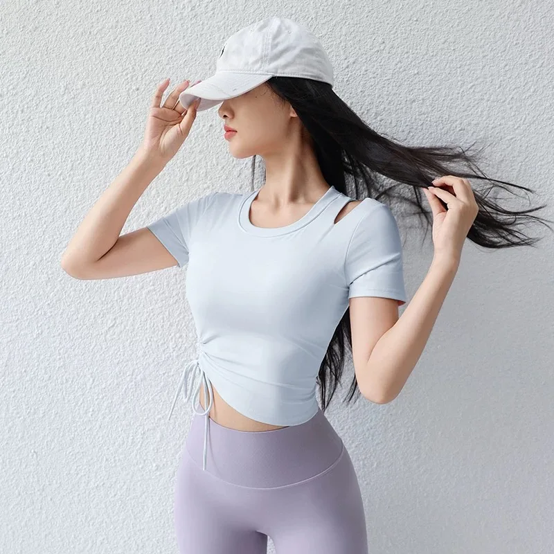 

New 2025 Style Shockproof Yoga Wear with Chest Pad Drawstring Pilates Top Short Sleeve Slim Fit Summer Running Sports Top