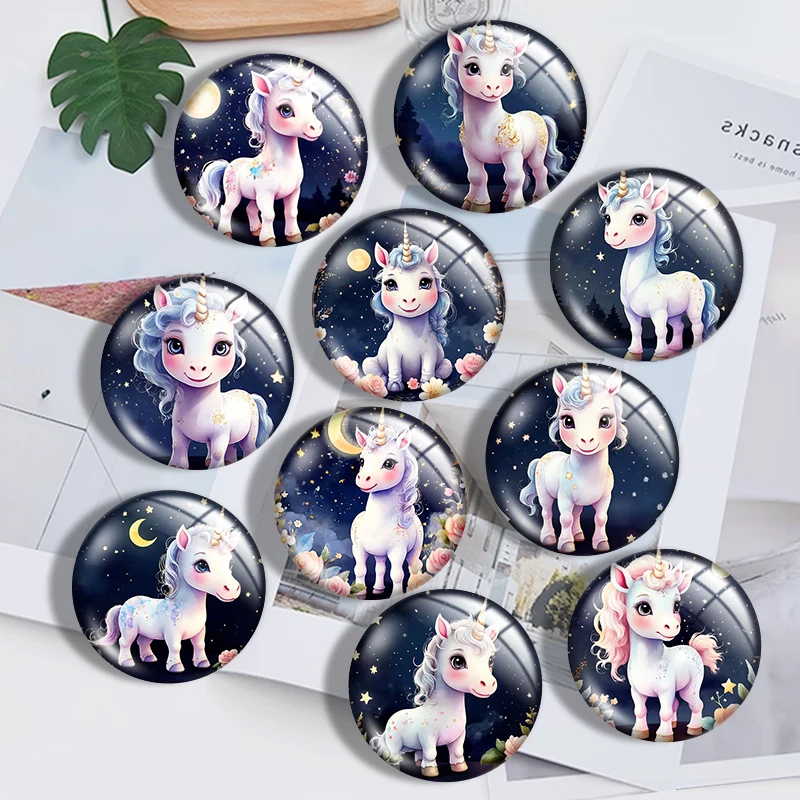 

Watercolour cute fun unicorn 12mm14mm/16mm/18mm/20mm/25mm/30mm Round photo glass cabochon demo flat back Making findings Jewelry