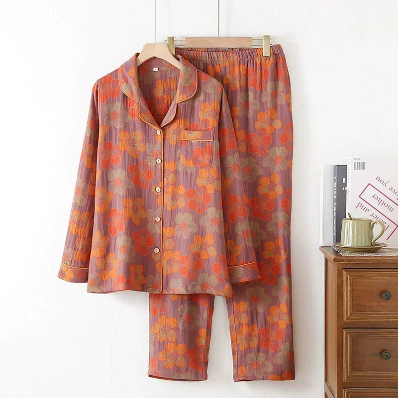 طقم بيجامة نسائي جديد لربيع وخريف 2025 100% قطن جاكار بياقة على شكل زهرة وأكمام طويلة سراويل طويلة قطعتين ملابس منزلية