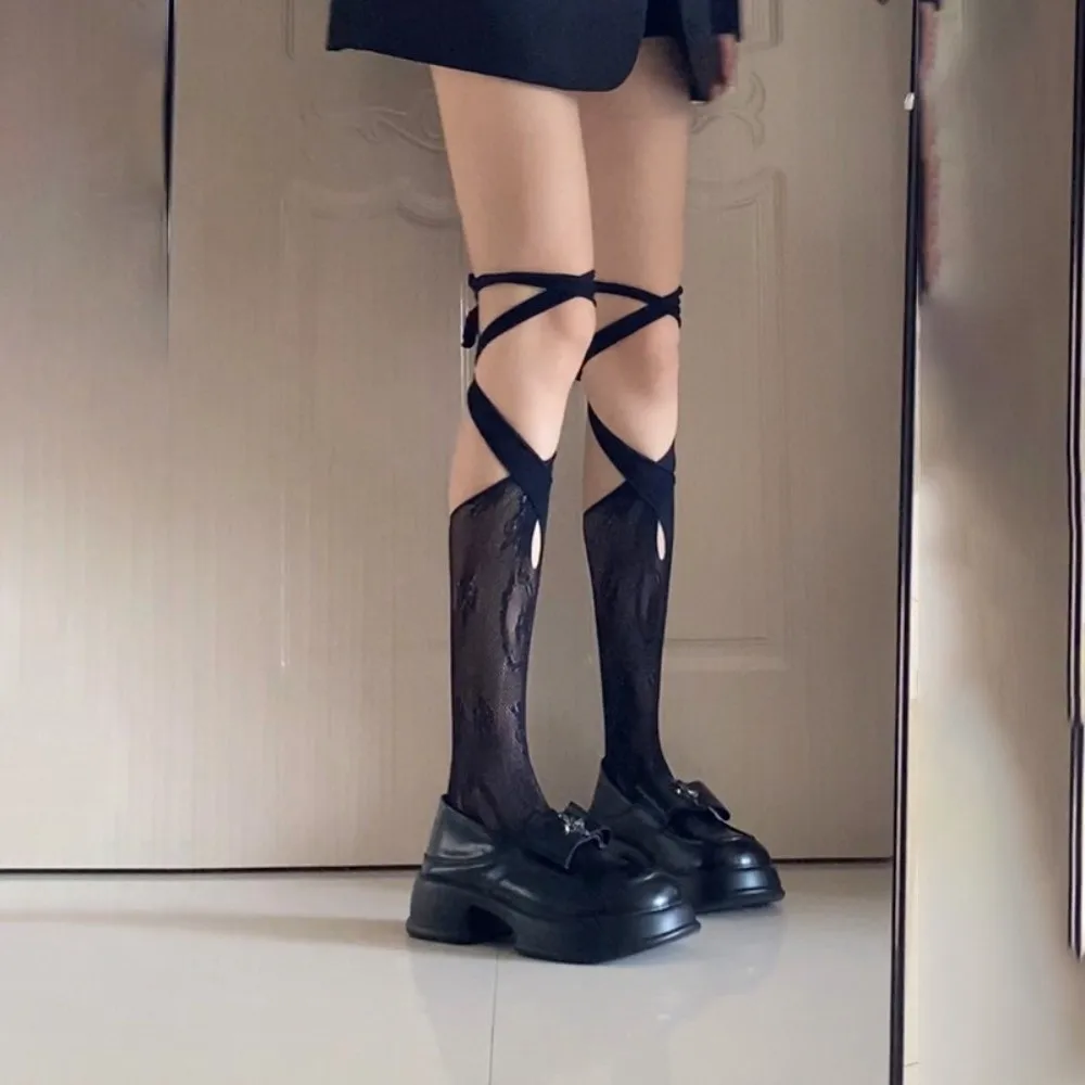 1 pair Bandage Style Cross Tied Fishnets Tabi Socks Thin Irregular Knee High Socks Lace Pattern Fishnet Socks Women