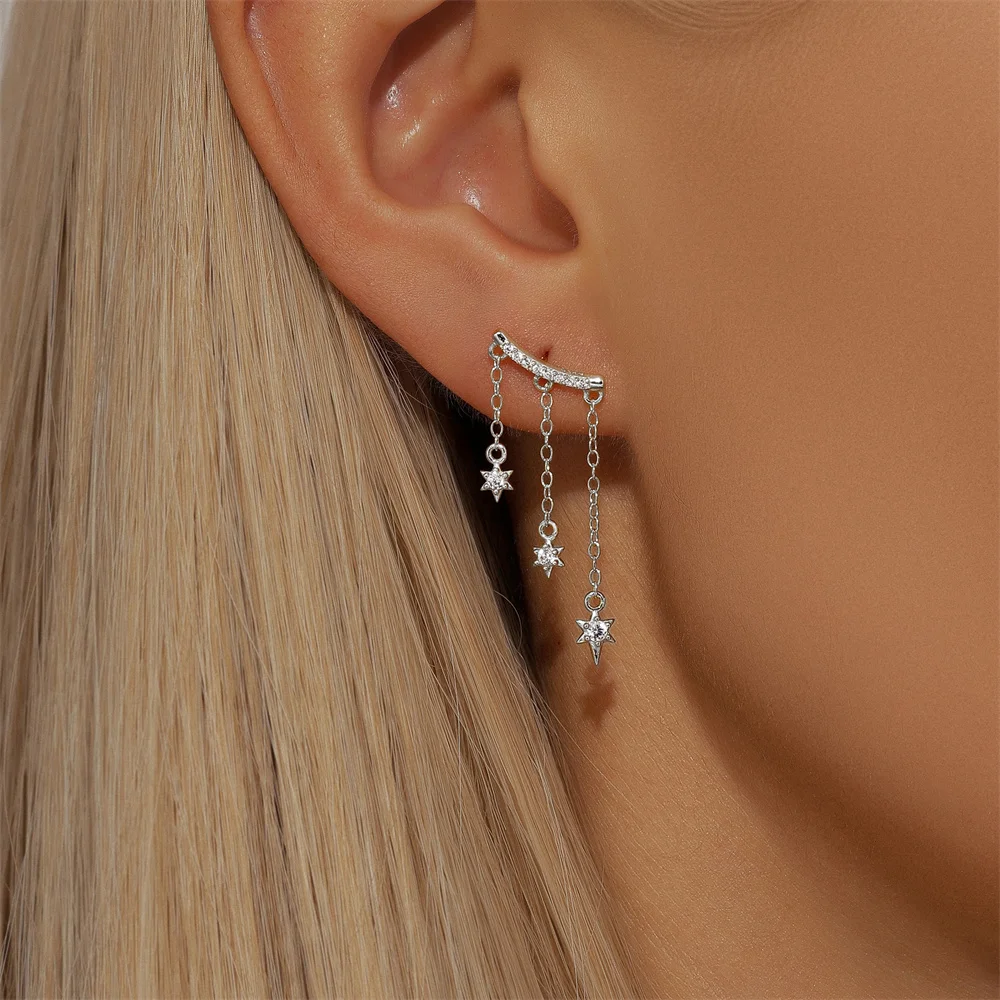 AIDE Exquisite Star Zircon Tassel Chain Dangle Earring for Women 1Pair 925 Sterling Silver Pierced Ear Stud Earring Jewelry Gift