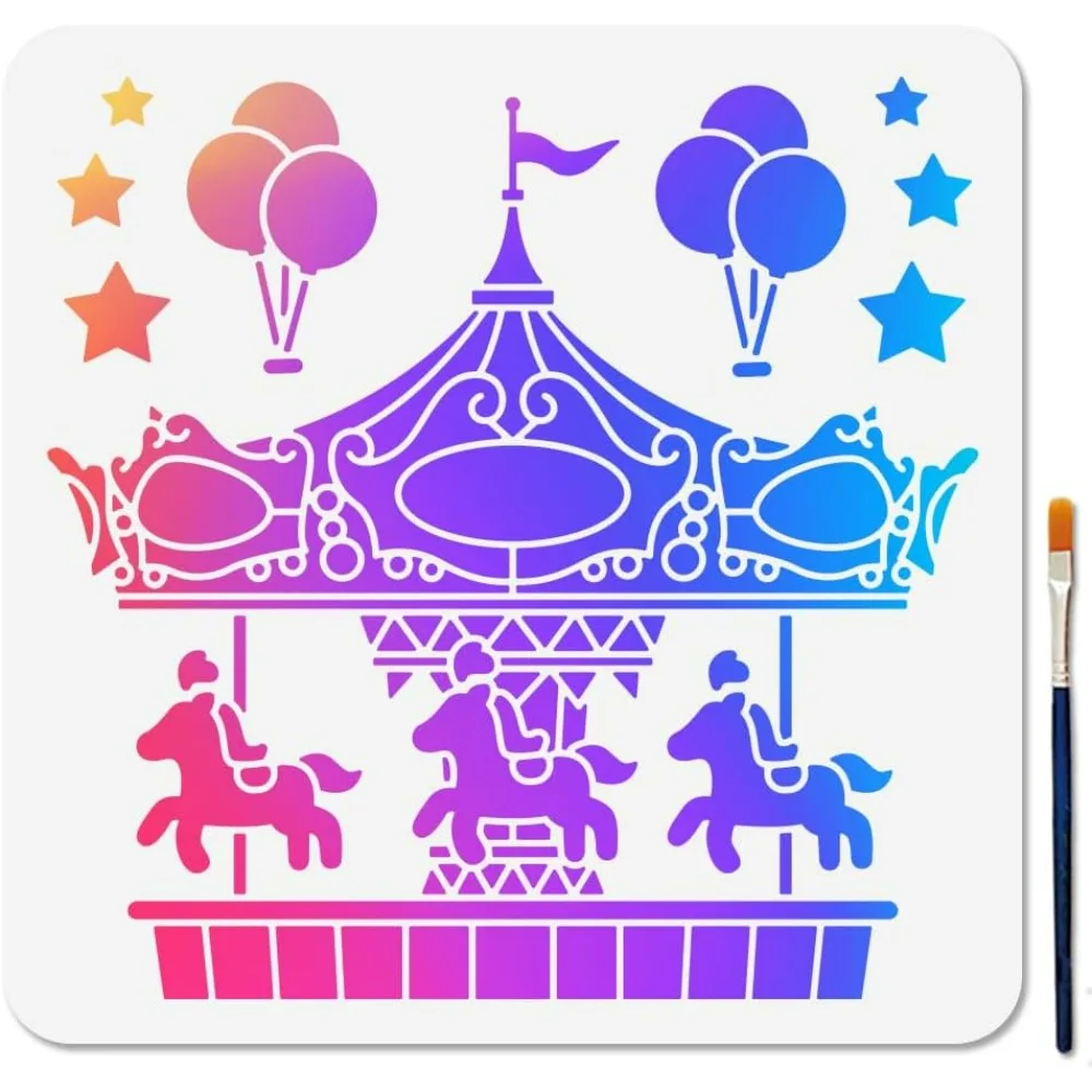 

Трафарет карусельной лошади 11,8 × 11,8 дюймов, цирковые шаблоны с кистью для украшения подарка, ремесло на окне, деревянной стене, дома