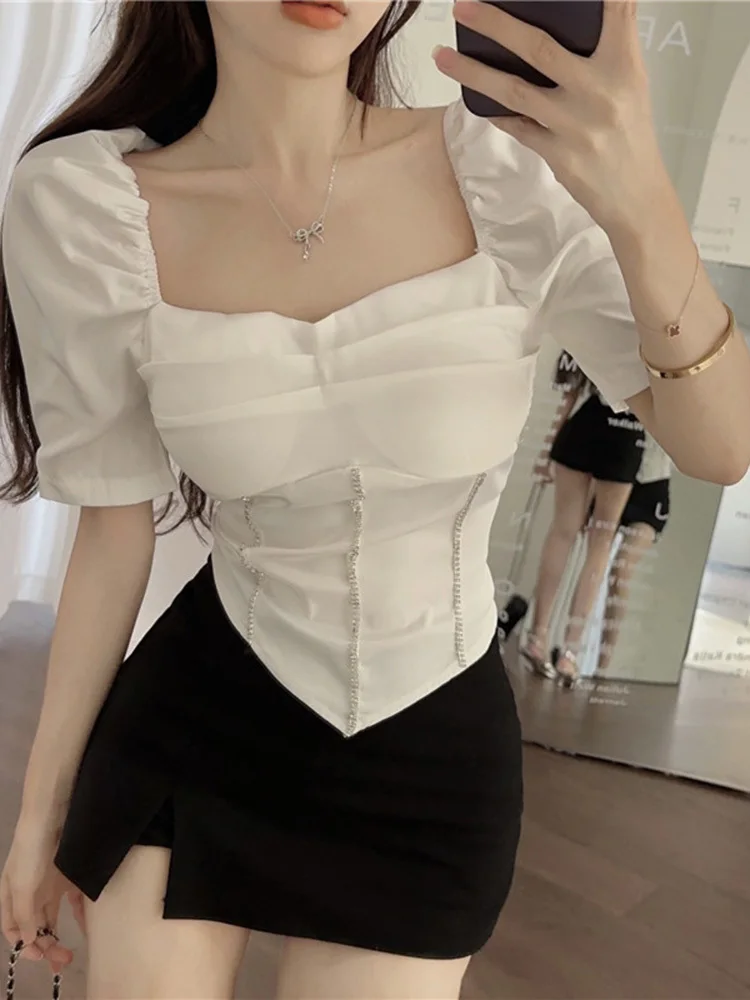 Summer Korean Blouses And Tops Women Diamonds Elegant Fashion Blusas Ladies Puff Sleeve Vintage Tops Camisas