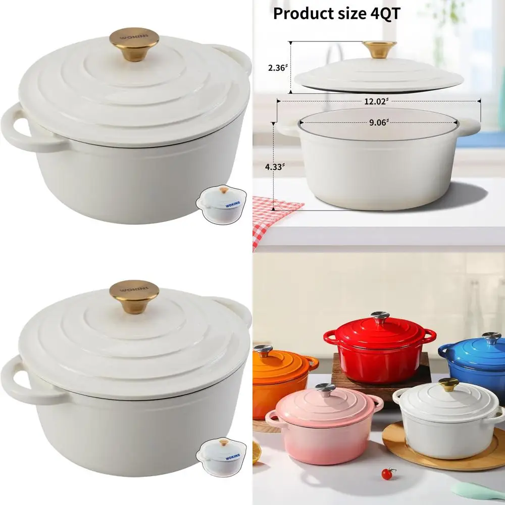 

Heavy-Duty Creamy White Enamel Cast Iron Dutch Oven, 4QT, Oven-Safe for Baking, Braising, Stews & Roasting up to 500°F