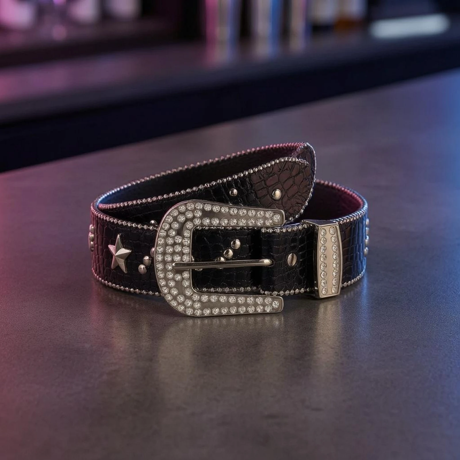 Rhinestone Buckle Belt Studded Crocodile-Textured Belt Clothing Accessory Wide Design Waist Strap Elegant Look