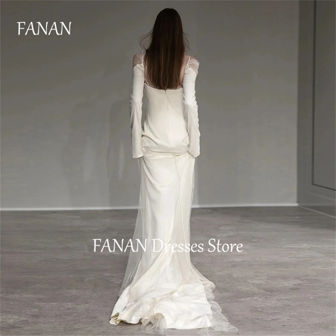 FANAN Korea Long Sleeve Square Collar Wedding Dresses Sheath 웨딩드레스 Ivory Sexy Backless Satin Customized Bride Gowns Plus Size