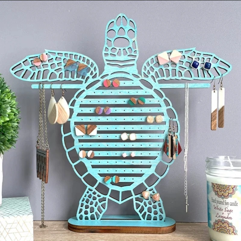 

1pc Retro Jewelry Display Stand Creative Turtle Shaped Wooden Earrings Hanging Holder Large Capacity Storage Rack Showcase Props