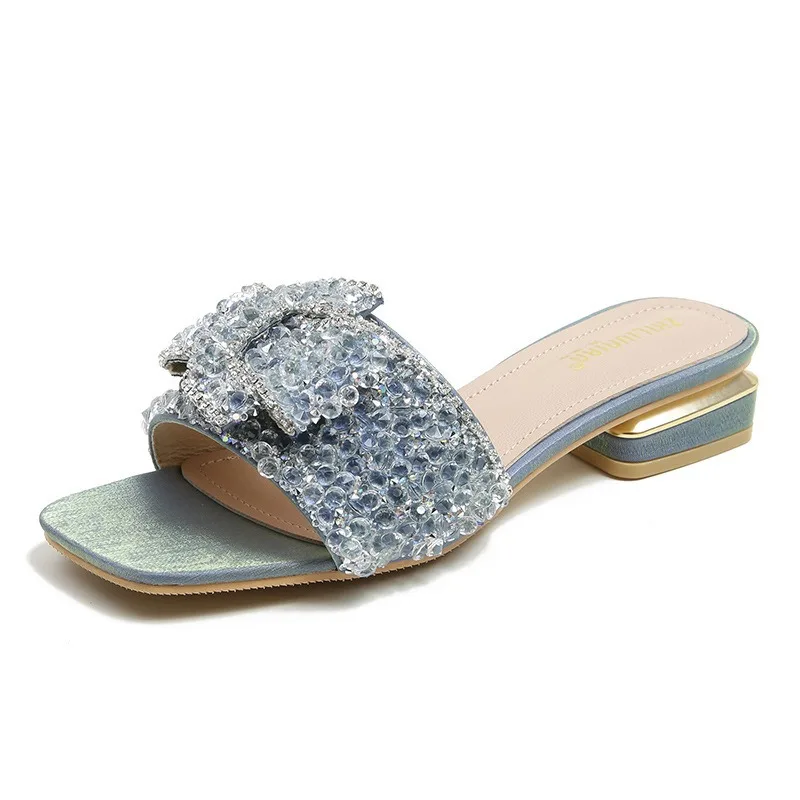 2024 New Chunky Heel Fashion Flat Ladies Rhinestone Slippers Womens Shoes Comfort Summer Peep Toe Shoes