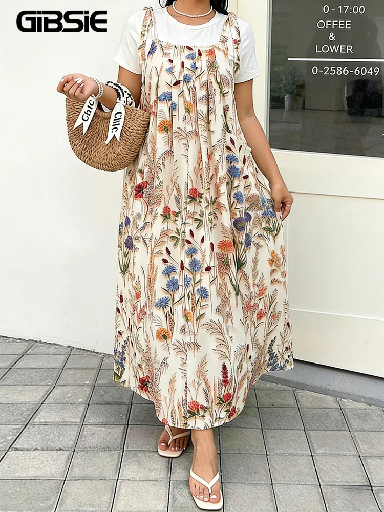 

Летнее женское платье GIBSIE больших размеров с цветочным принтом, на завязках на плечах, без рукавов, в стиле бохо, для отпуска, свободного кроя, с карманами, на бретельках, длинное, коллекция 2026