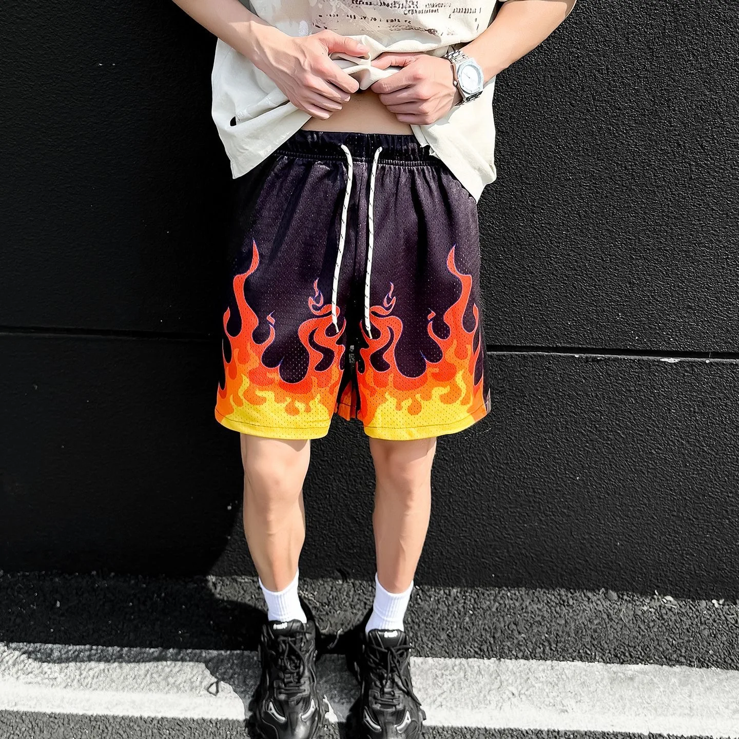Men Quick Dry Flame Print Short Shorts Male Trendy Ins Chic Training Sport Basketball Shorts Boy Y2K Daily Nightclub Streetwear