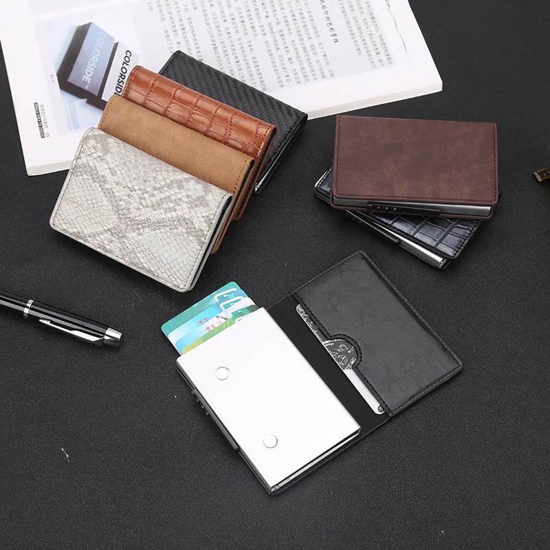 

Business Card Holders Metal Slim PU Leather Bank Credit Case RFID Blocking Name Cards Holder with Magnetic Closure