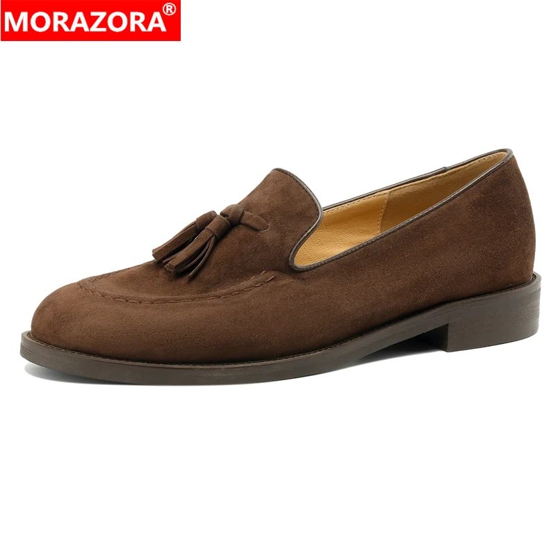 Morazora moda vaca camurça couro mocassins femininos deslizamento em sapatos casuais primavera verão sapatos planos borla calçados femininos