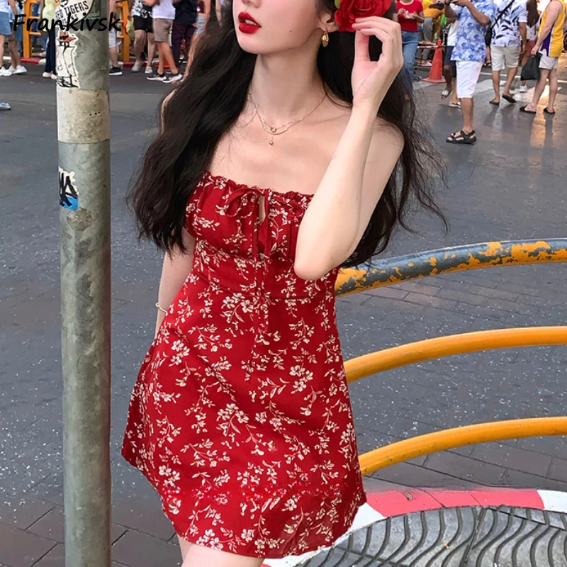 Women A-line Floral Dresses Sleeveless Summer Korean Style Strap Holiday Schoolgirls Decent Streetwear Harajuku Square Collar