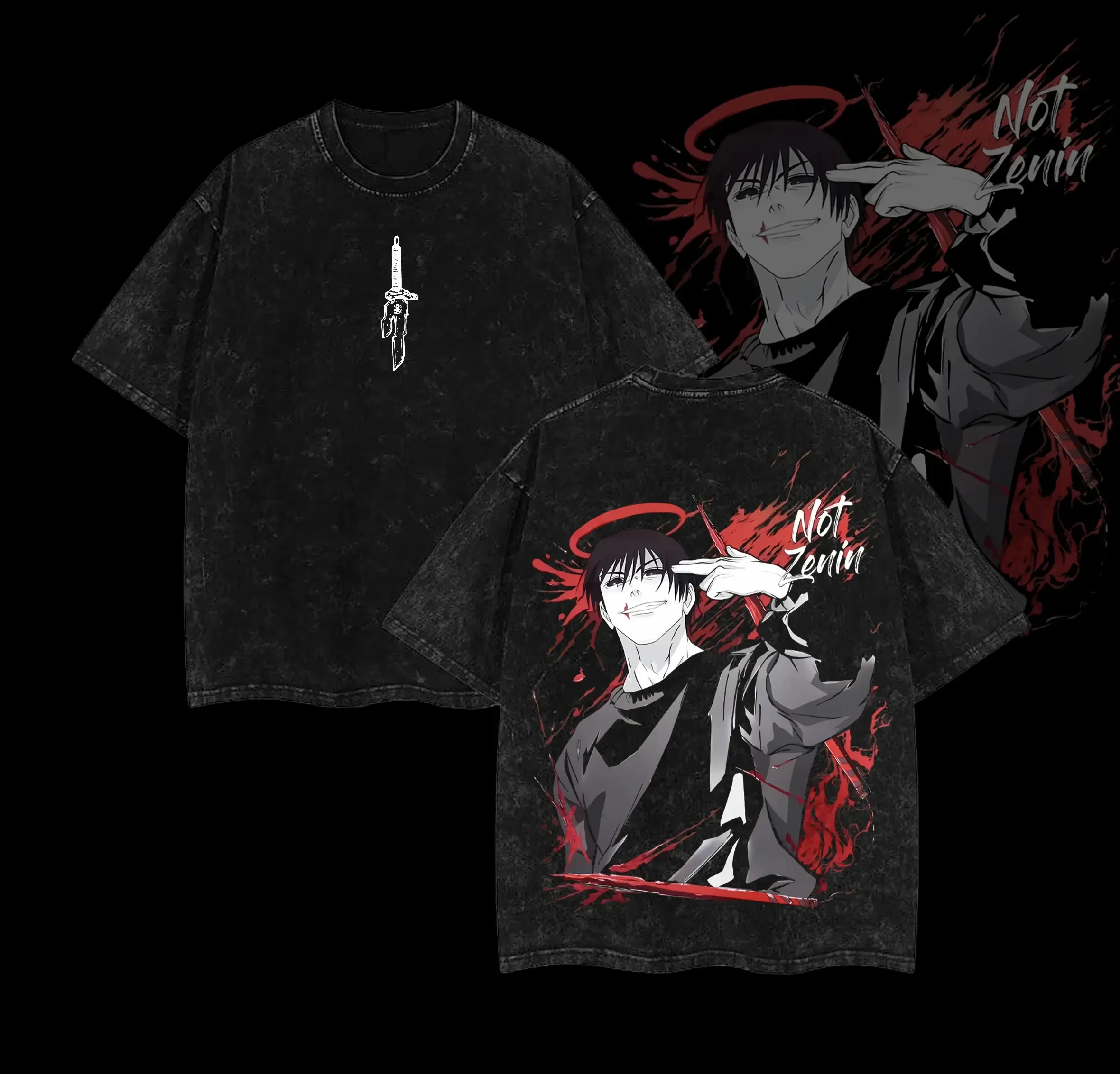 Jujutsu Kaisen Toji Fushiguro T-Shirt mit Not Zenin Grafik, Herren Rückendruck, Acid Wash, Oversized Streetwear Anime Baumwoll-Oberteil