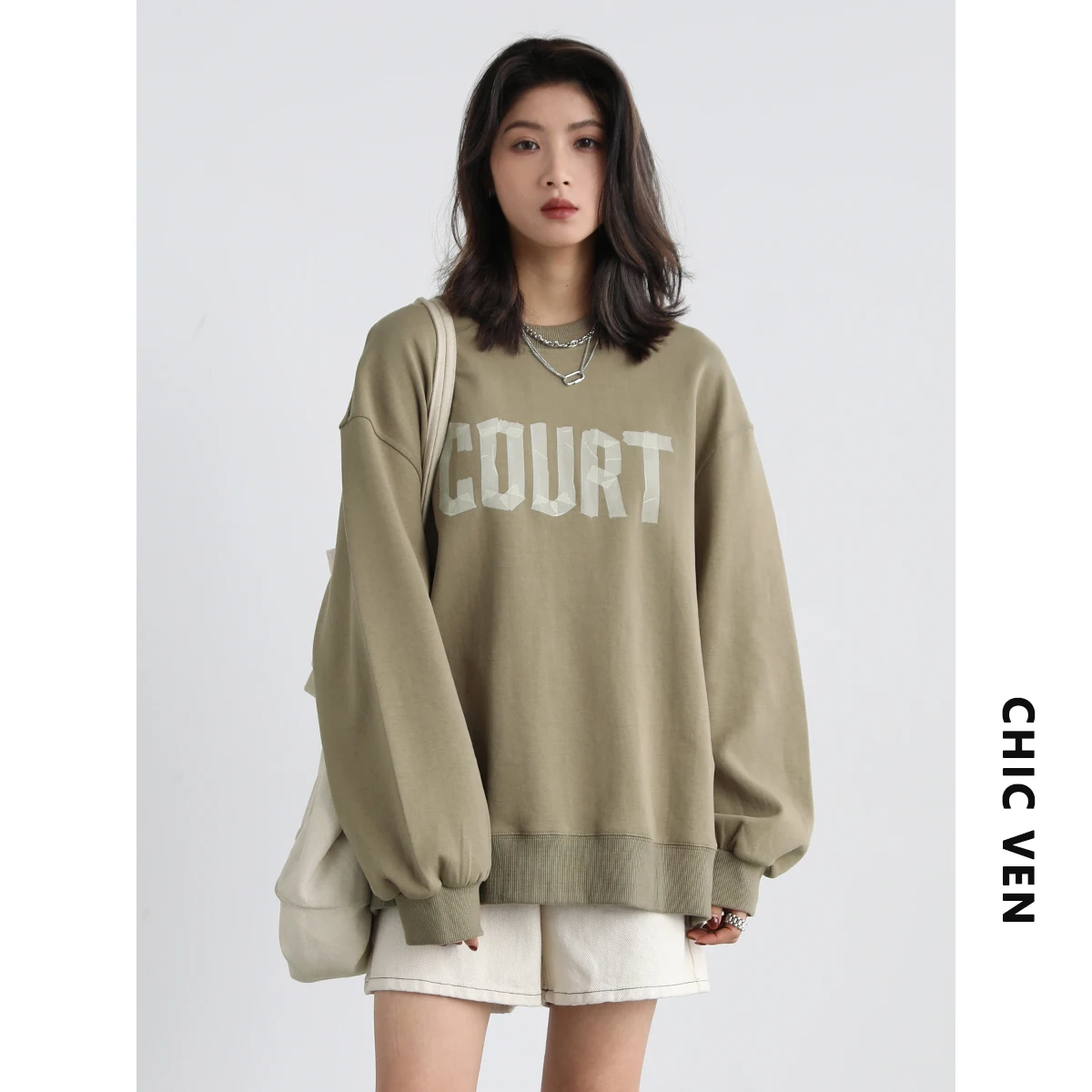 CHIC VEN Women\'s Sweatshirt Street Casual Loose Round Neck Letter Printed Cotton Clothes Woman Female Tops Spring Autumn 2023