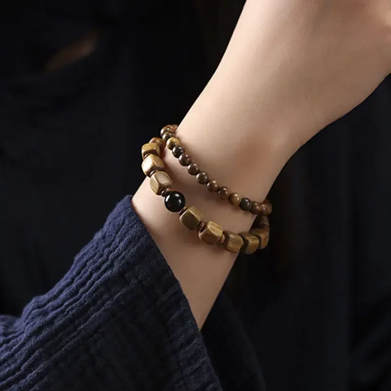 Natural Green Sandalwood Square Bead Handstring Craft Woven Gold Obsidian Creative Antique Retro Single Circle Women's Bracelets