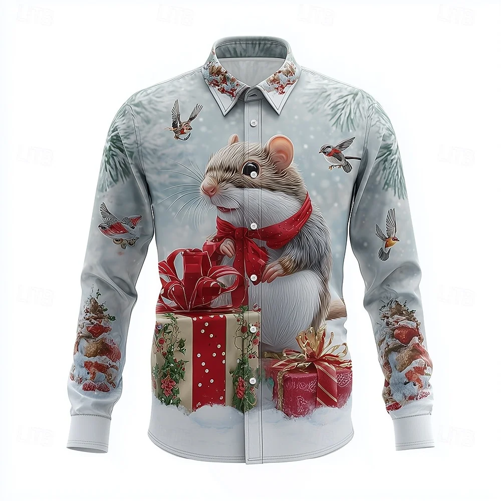 2026 Christmas Theme Men's Snowflake Christmas Animal Printed Men's Tops Shirts Red Shirt Casual Long Sleeve Shirt Street Blouse