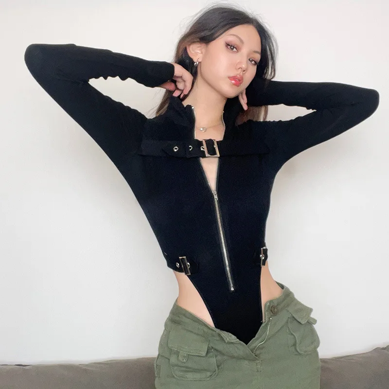 Sweet Cool Sports Style Metal Buckle Zipper Jumpsuit For Women High Waisted Split Collar Tight Fitting Long Sleeved Cardigan Top