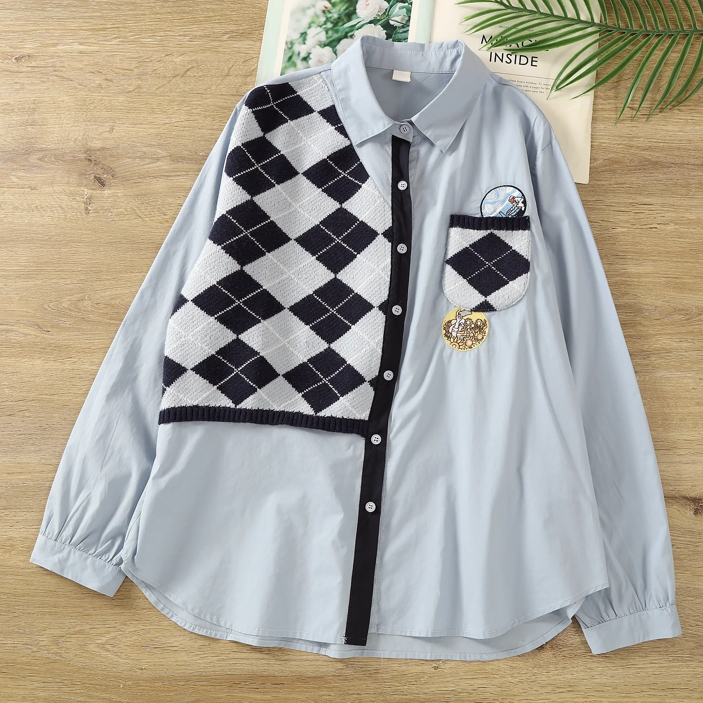 

2026 Japapnese School Uniform Mori Girl Preppy Style 100% Cotton Kint Patchwork Shirts Long Sleeve Blouses