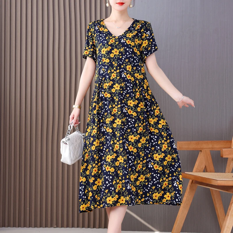 New Fashion 2024 Summer Dress For  Women  Plus Size Print Vintage Bohemia O-Neck Dress Sundress Women Clothing