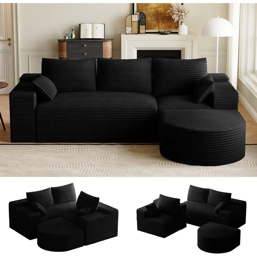 

108 L-Shaped Comfortable Cloud Sectional Sofa with Curved Ottoman for Living Rooms, Plush Corduroy Deep Seating for Small Spaces