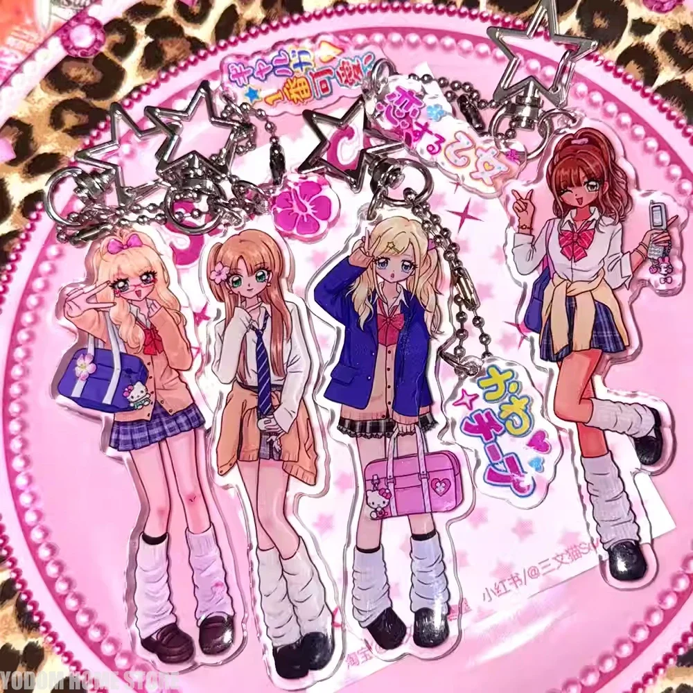 Retro Showa School Girl Keychain - Cute Cartoon Acrylic Charm for Bags, Keys & Phones, Kawaii Japanese Fashion Gift