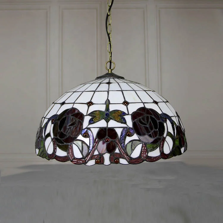16-Inch Rose Design Tiffany Style Ceiling Pendant Light Fixture with Retro Stained Glass Hanging Lamp