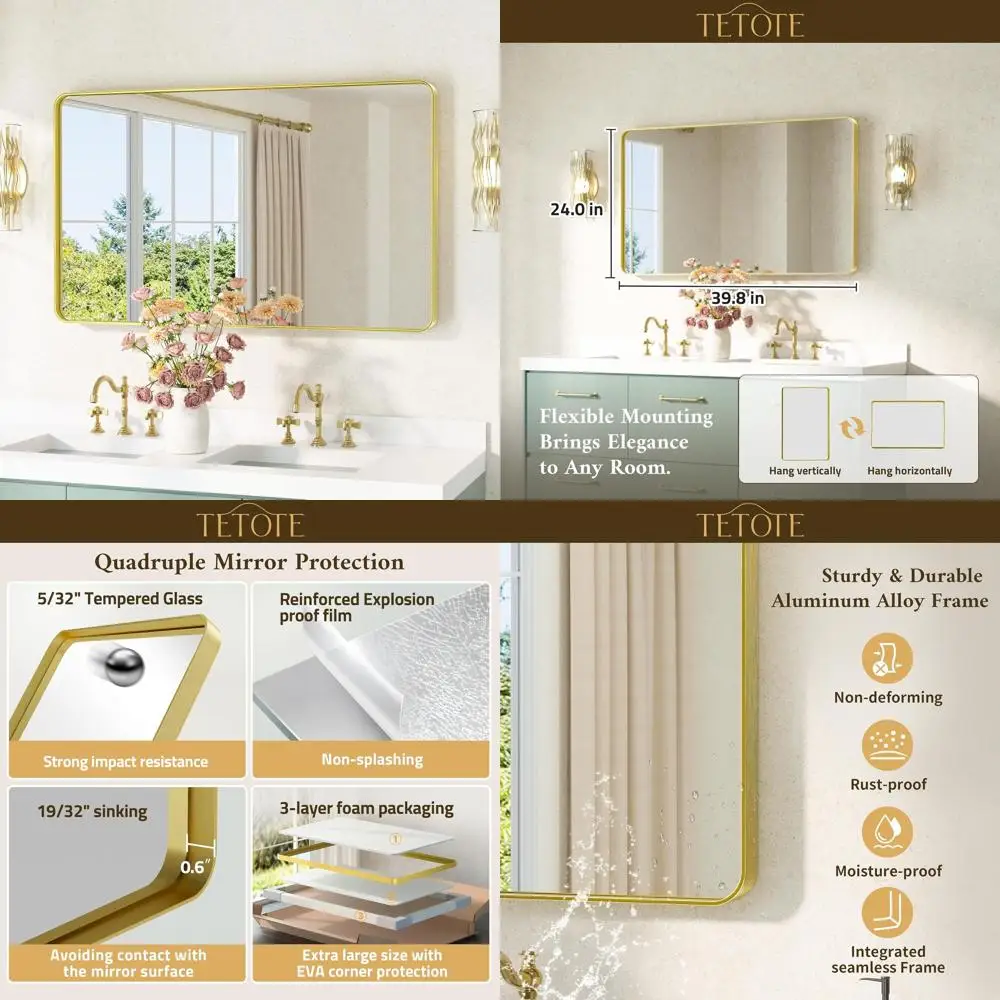 Miroir de salle de bain en verre trempé encadré doré 40 x 24 pouces, style ferme moderne pour montage mural, adapté horizontal ou vert