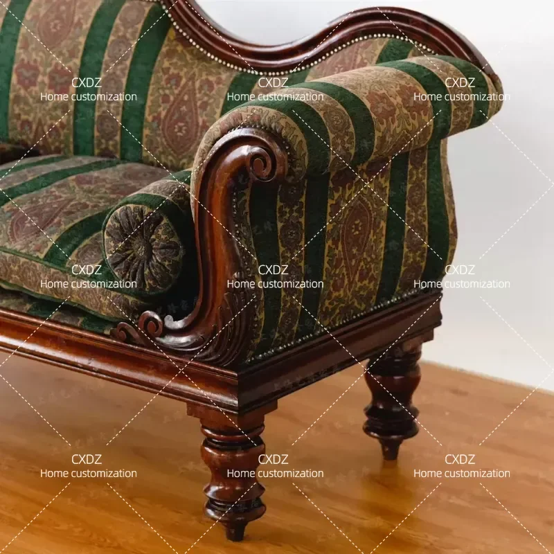British Medieval Retro Solid Wood Carved 3 Seater Sofa with Striped Fabric Cushions Living Room Furniture Customizable
