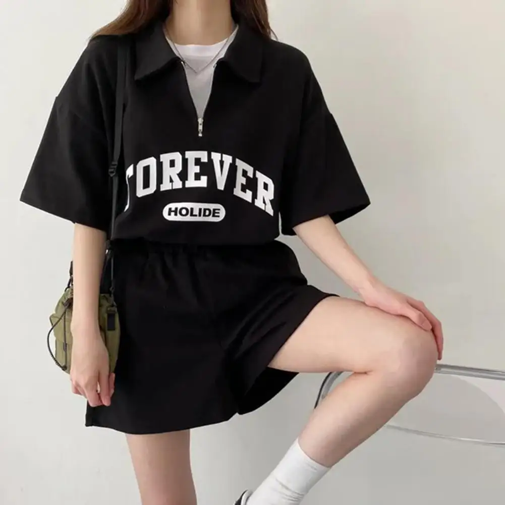 Harajuku Letter Print T-shirts Shorts Set Korea Fashion Ladies Solid Color Suits 2023 Summer 2 Piece Outfits Top Shorts Combo